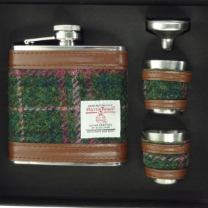HIP FLASK GIFT SET - HARRIS TWEED DARK GREEN & PLUM CHECK
