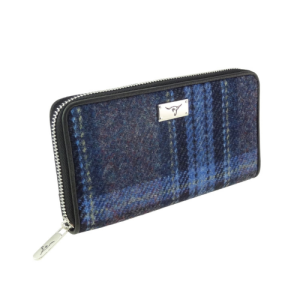Harris Tweed 'Staffa' Long Zip Purse in Blue & Purple Stewart Tartan