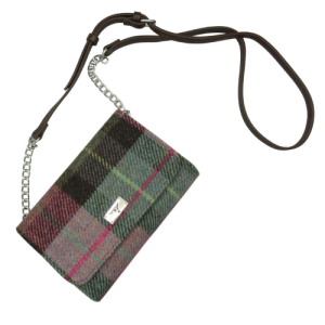 Harris Tweed 'Strathy' Wallet Shoulder Bag in Muted Green & Rose Pink Tartan